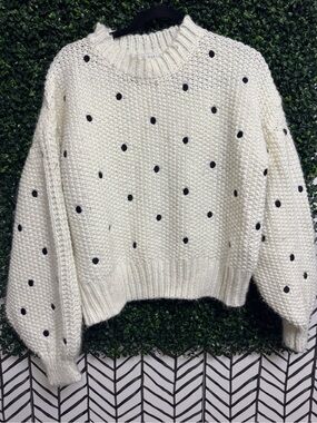 Cream Polka Dot Knit Crewneck Sweater